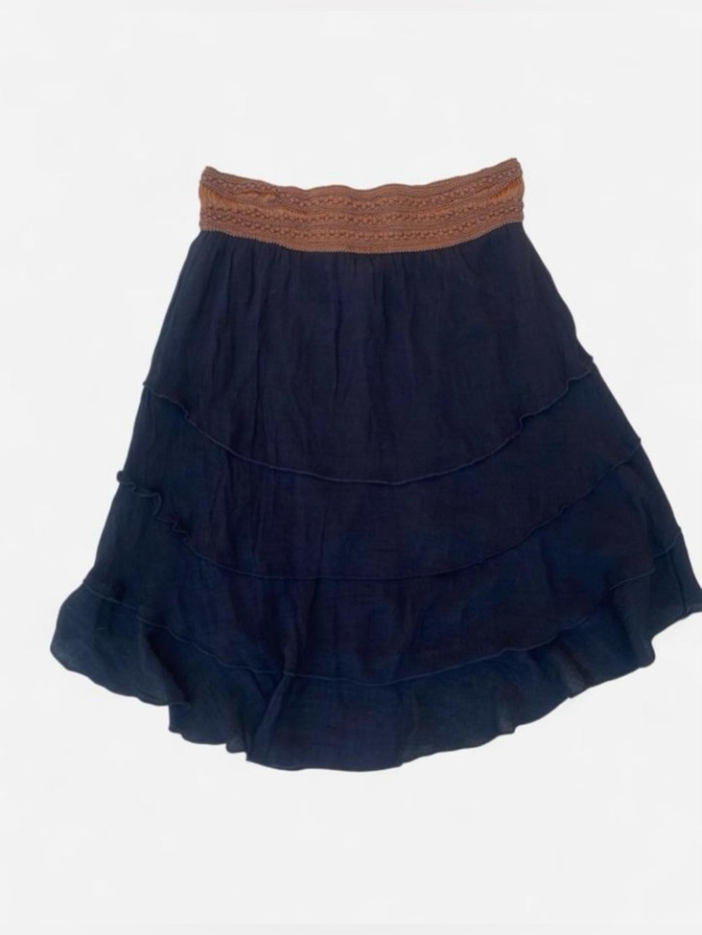 Black Midi Skirt with Brown Waist Band & Faux Leather Lace Up Detail - Picture 3 of 4